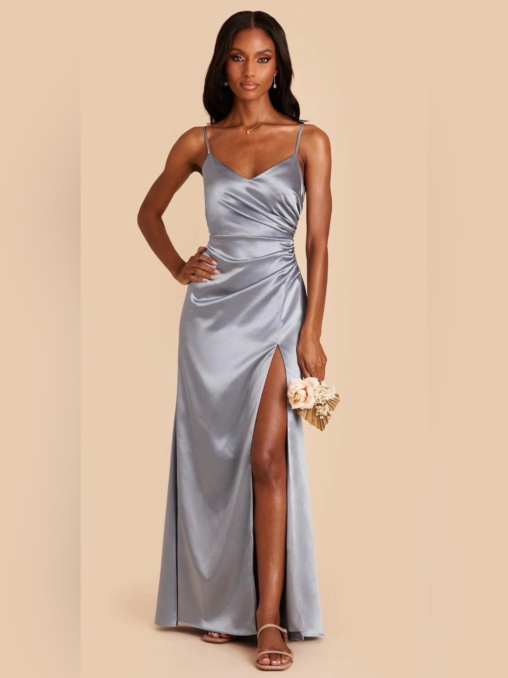 V-Neck Bridesmaid Gown Side Slit Catherine Dress Shiny Satin Dusty Blue Grey